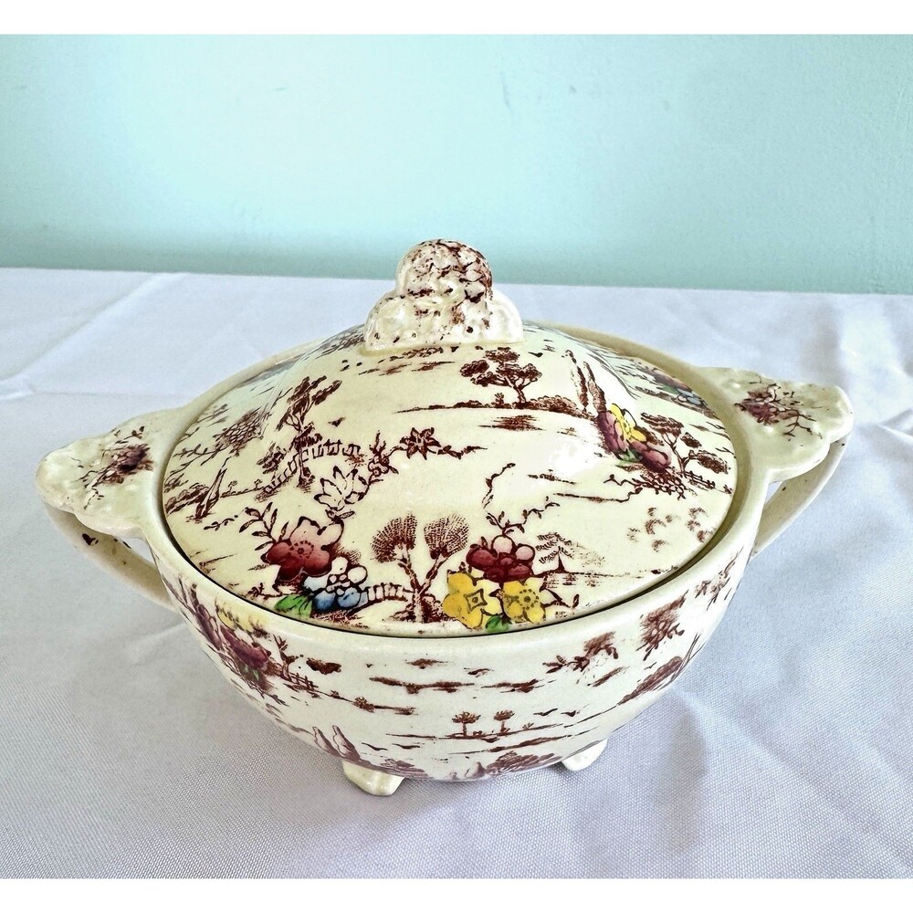 Vintage J&G Meakin Riverside Sugar Bowl w/ Lid England Transferware